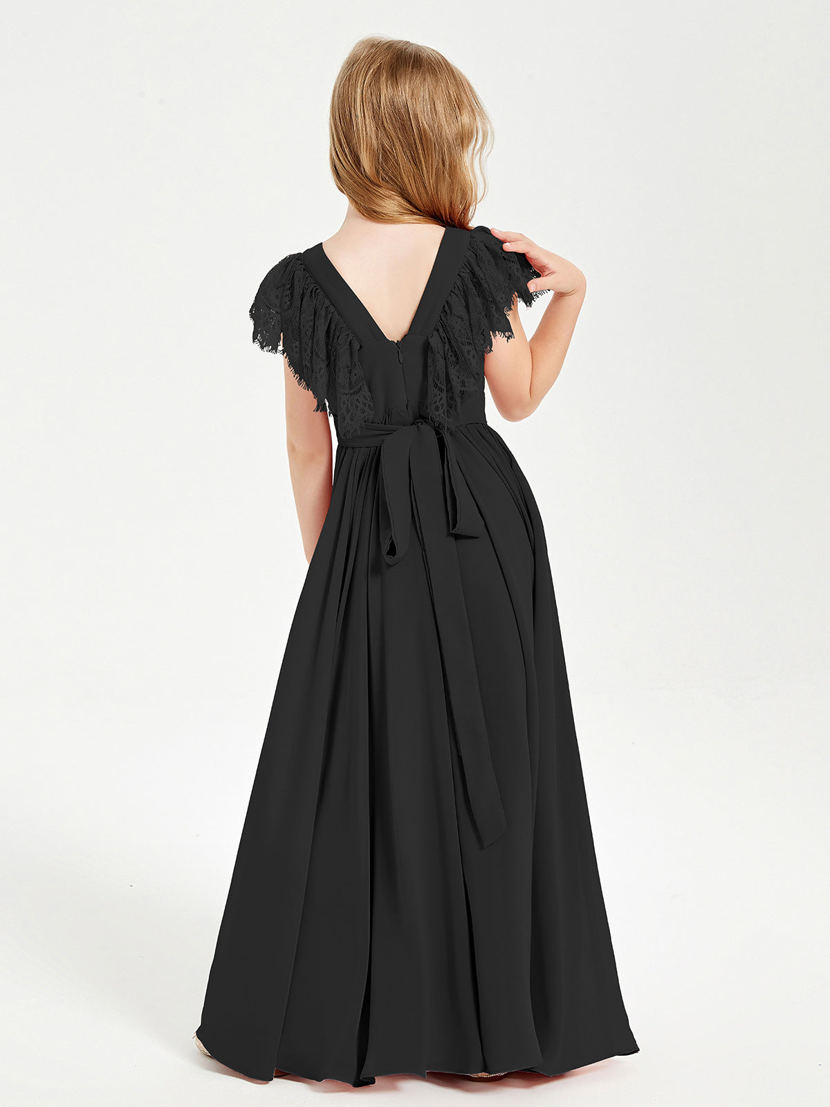 Chiffon Junior Bridesmaid Dresses with Lace Flutter Sleeves Black